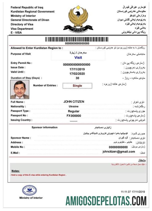 IRAQUE E Visto exemplo